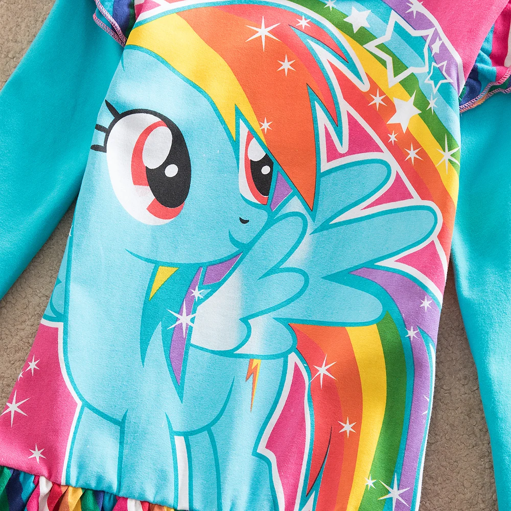 JUXINSU My Baby Girls Little Pony Cartoon Girl Rainbow Long Sleeve Dresses Pony Casual Dress Autumn Winter Home Wear 1-8 Years