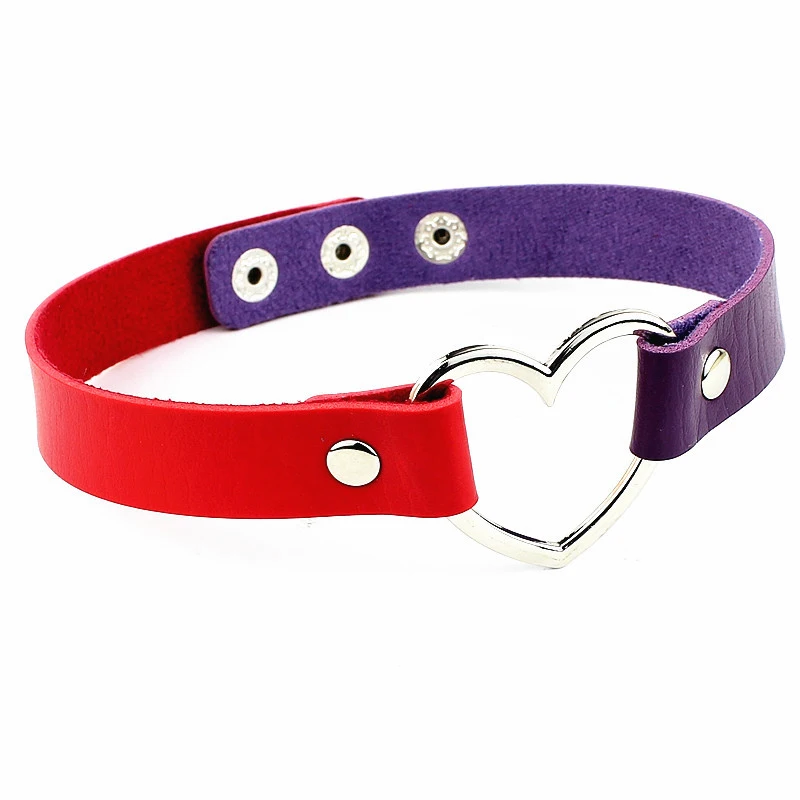 Red.Purple Очаровательные женские чокеры, трендовые ожерелья-чокеры из нержавеющей стали в форме сердца, красочные кожаные пряжки, ювелирные изделия для женщин и мужчин, Макси ожерелье - Окраска металла: Red.Purple