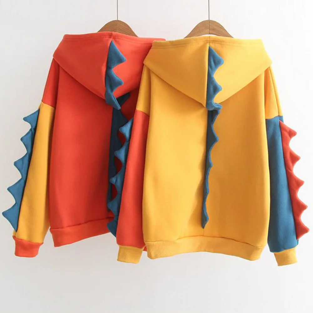 

Autumn Women Dinosaur Sweatshirts Hooded Warm Fleece Hoodies Pullovers With Horns Harajuku Hooded Girls Teens Yellow Hoodie
