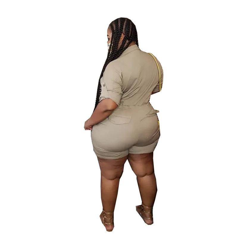 

Formal Women Shorts Jumpsuits 2021 Turn Down Neck With Buttons Short Sleeves Fashion Lace Up Nightclub Rompers Plus Size Summer