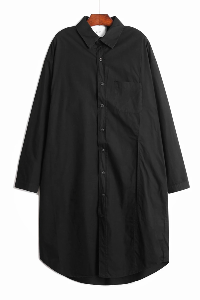 

One Side High Split Full Solid Turn Down Collar Shirt Loose Plus Size Slim Spring Women Tops