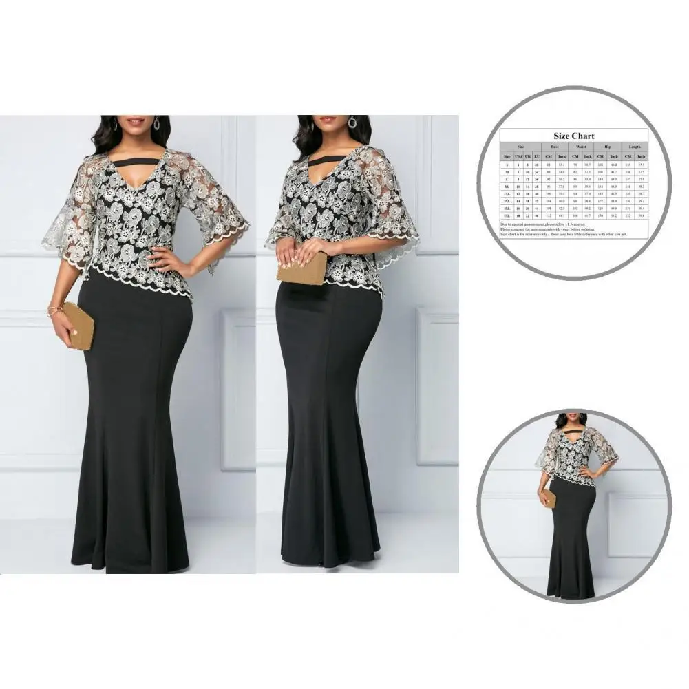 

Elegant Slim Dress Half Sleeve Soft Formal Dress Ruffles Hollow Out Dress