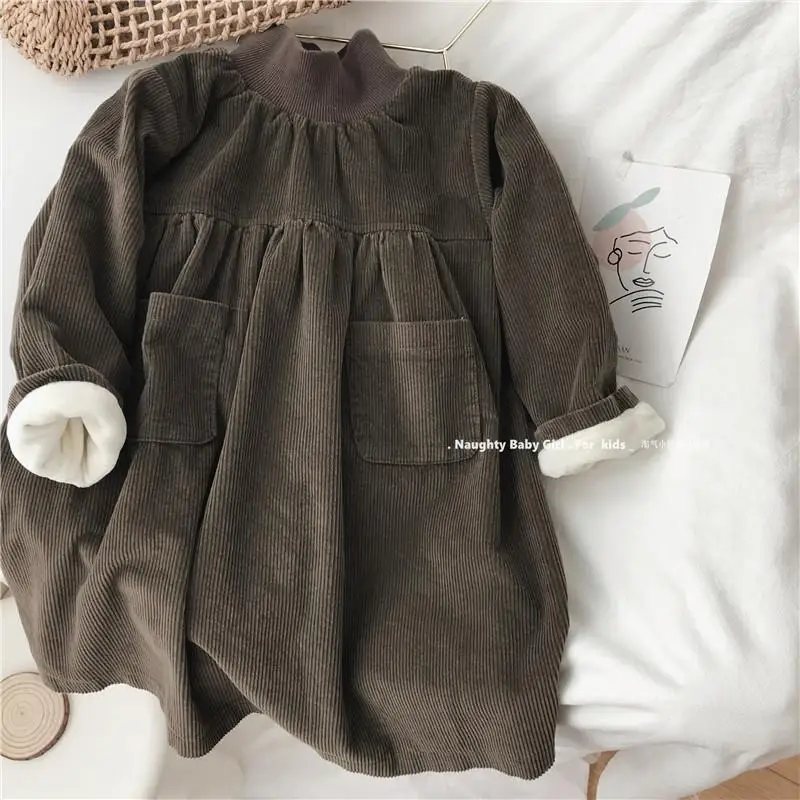Vestido de moda para ni&ntilde;a, prenda de cuello alto grueso con forro polar, pana de manga larga, Oto&ntilde;o e Invierno-0