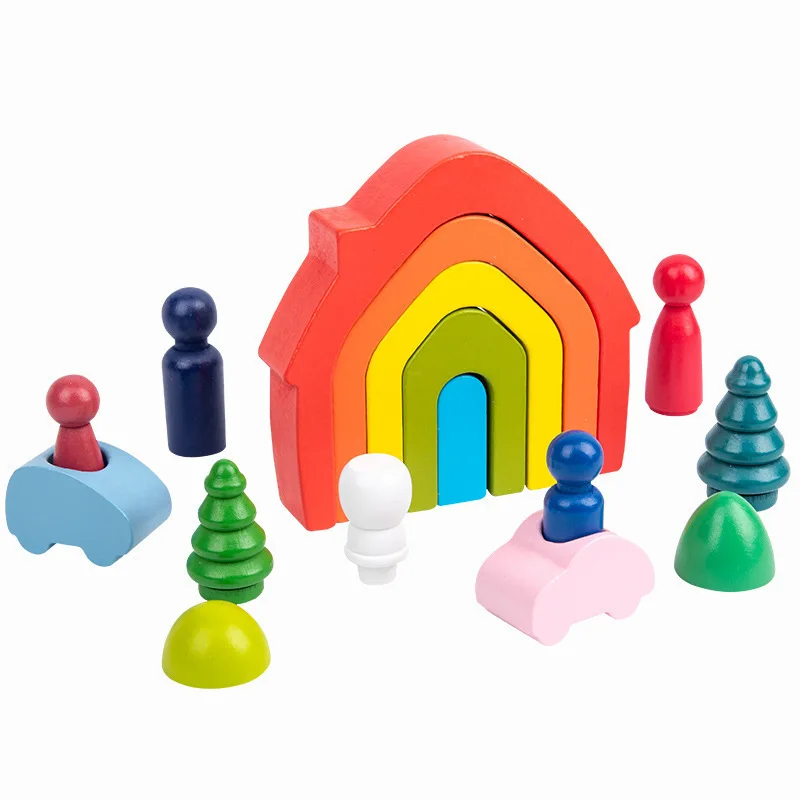 

Wooden Assembly Rainbow House Little Man Set Bucket Building Block Combination Children's Early Education Folding Fun JPC