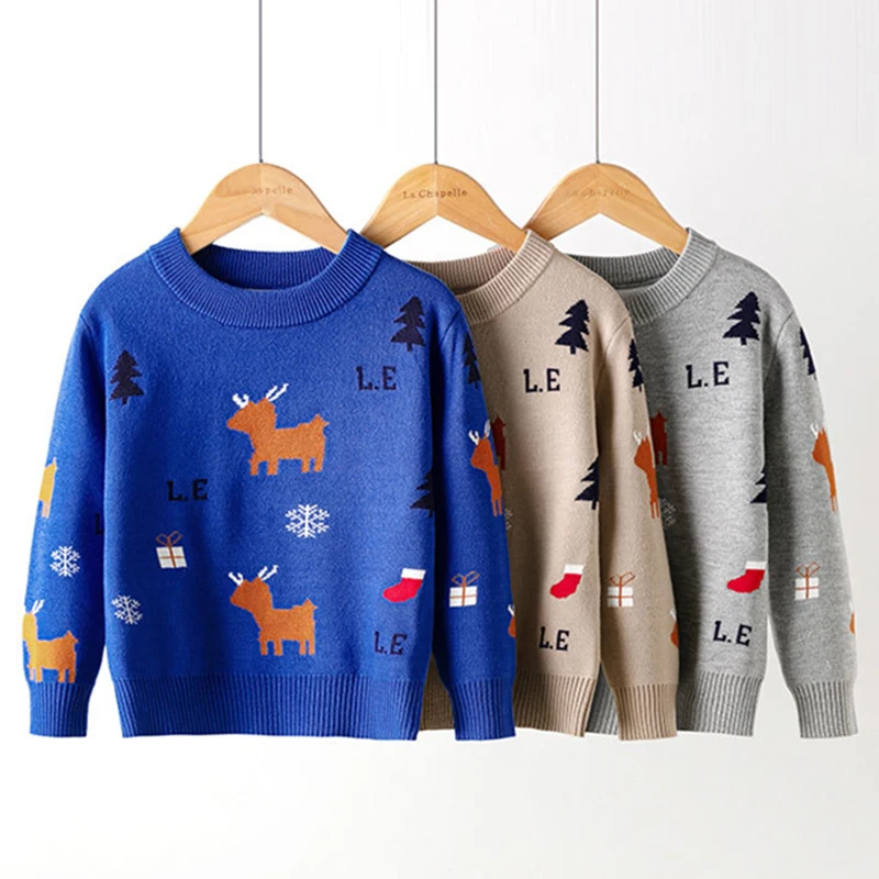 

Children's Sweater Christmas Snowflake Deer Crew Neck Kids Boys Girls Pullover Bottoming Sweater Autumn Winter Knit Clothes Tops
