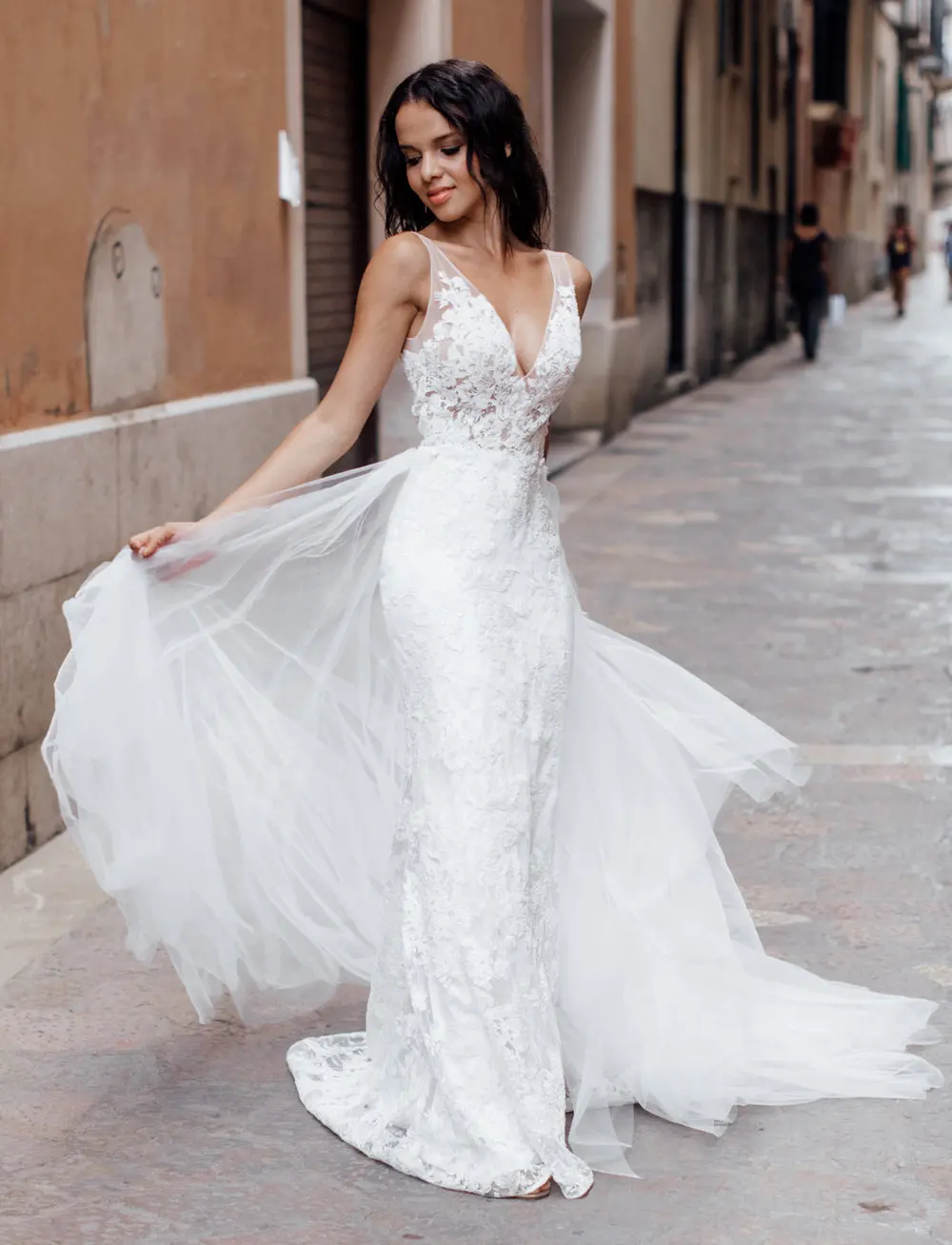 Элегантная Белая свадьба слоновой кости русалка платье кружева V длинное с