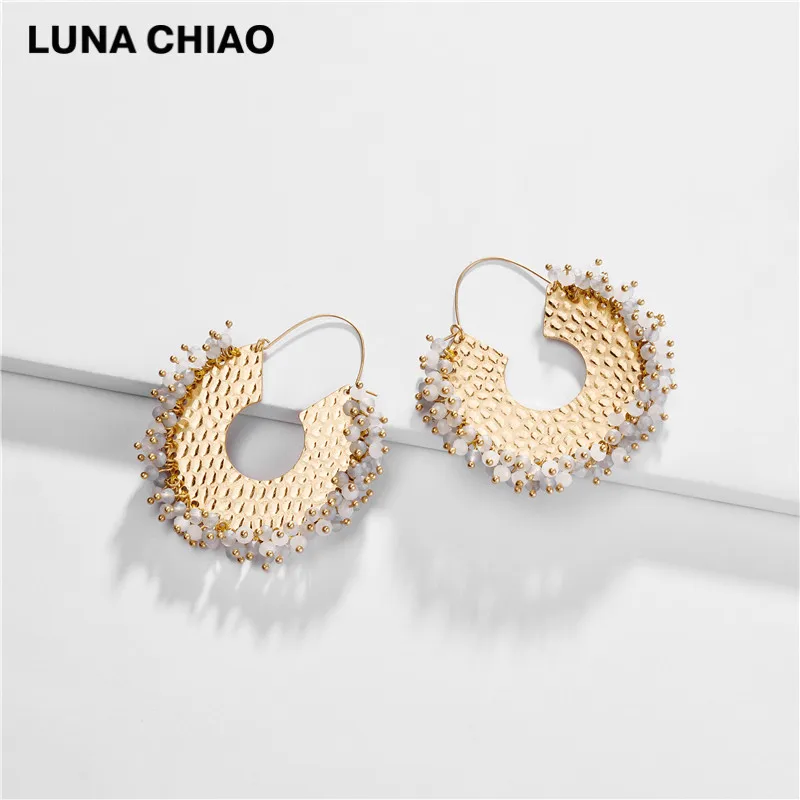 LUNA CHIAO, модные ювелирные изделия, серьги из бисера, стеклянные хрустальные металлические серьги-обруч для женщин