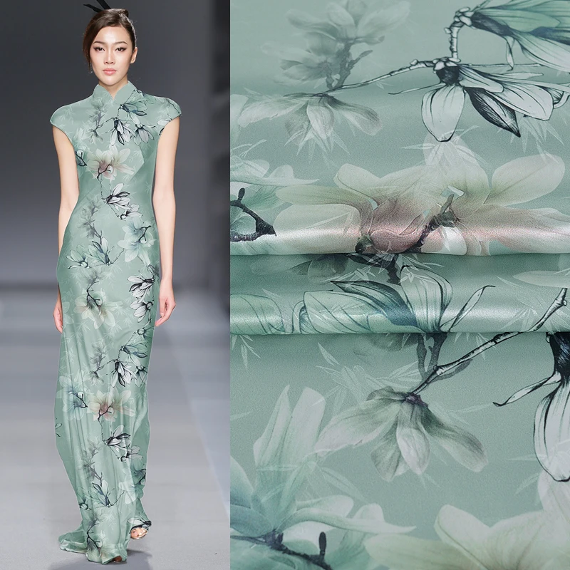 

116CM Wide 19MM Floral Print Jacquard Stretch Green Silk Fabric Good for Summer Dress Skirt Shirt Pants JH210