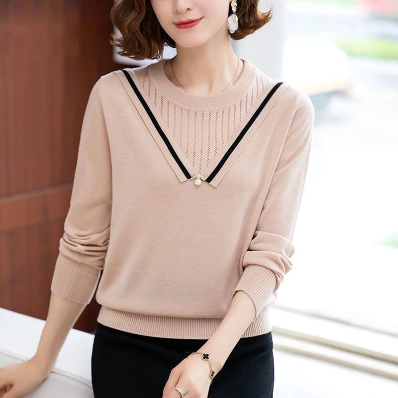 

New Spring Design Hollow Out O-Neck Knitted Pullover Women Plus Size M-4XL Long Sleeve Sweatwers Elegant Bassic Knitwear Tops