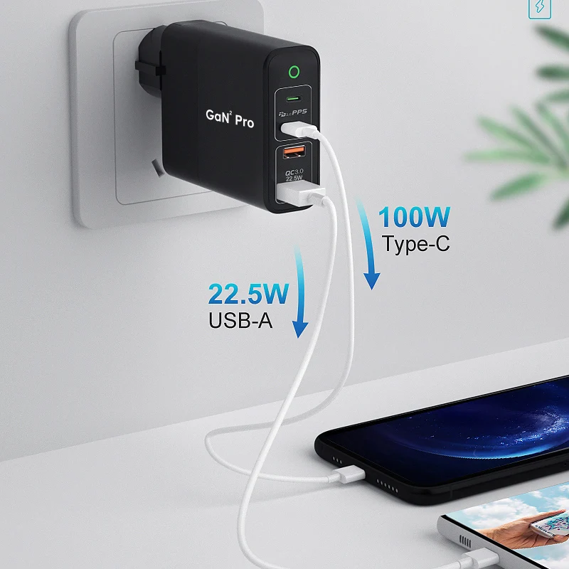 Сетевое зарядное устройство URVNS 161 Вт с 4 портами GaN 2 Pro USB C сетевое PPS PD 100 Вт/87 Вт/65