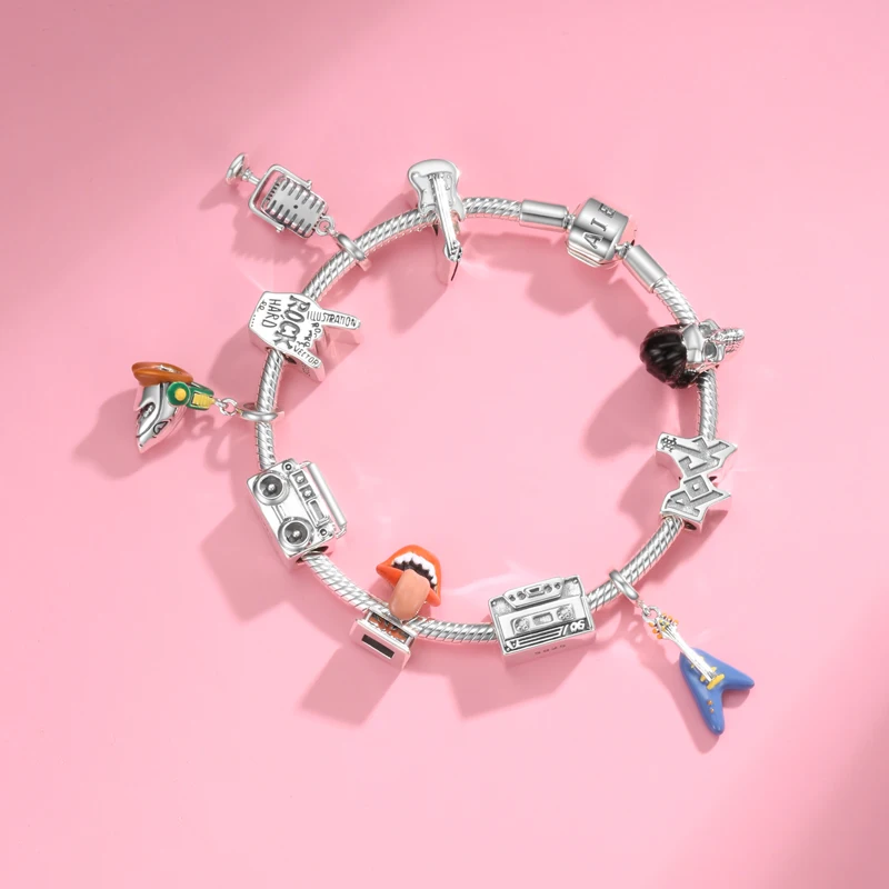 rock stil schädel elektrische gitarre beth mikrofon 925 sterling silber charms diy fit original europäischen charme armband machen free glob