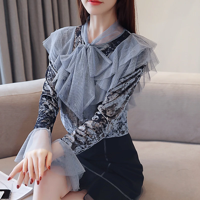 Корейская мода велюровые женские блузки кружевные с длинным рукавом Розовые