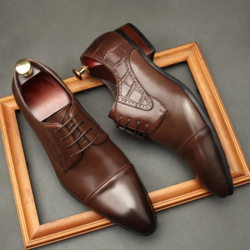 

2022 Autumn Men Oxford Leather Dress Shoes Genuine Leather Fashion Flat Wedding Pointed Toe Lace Up Business Formal Party Shoe
