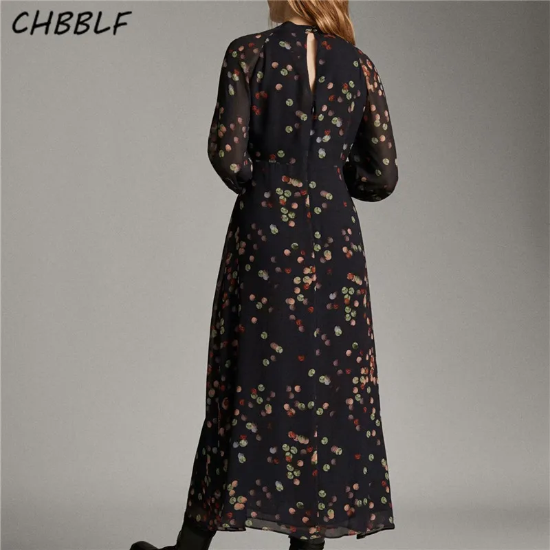 CHBBLF женское стильное ретро платье макси с принтом круглый воротник рукав фонарик