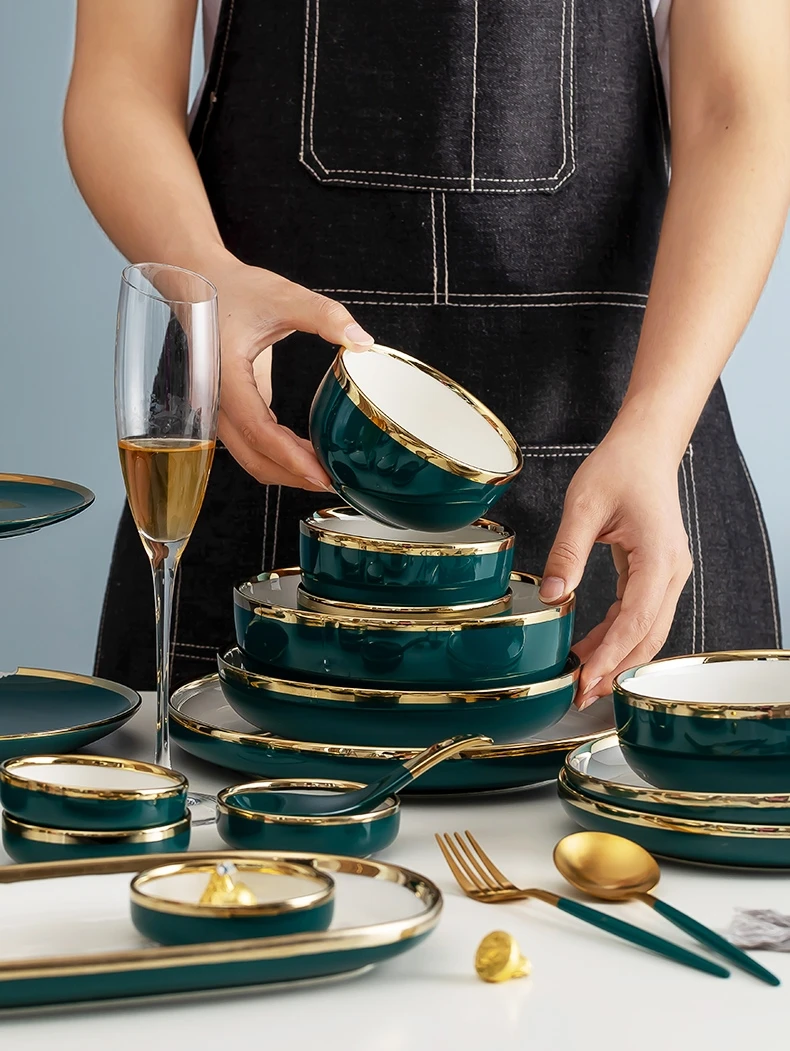 

Green blue Phnom Penh ceramic tableware set with gold porcelain dessert plate steak dessert cake plate salad soup rice bowl