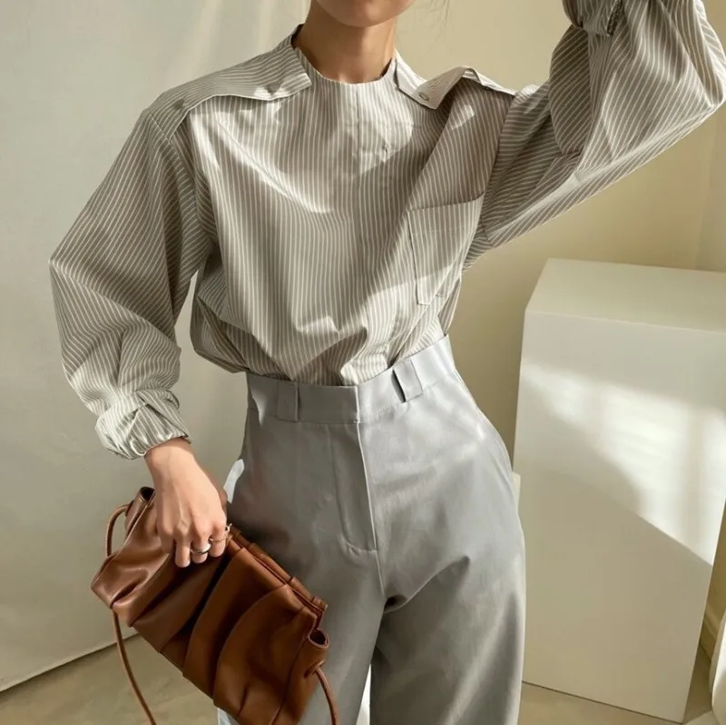 

2021 Spring casual women Stand Collar long sleeve Metal Buttons Stitching Loose Lantern Sleeve Casual Striped Shirt