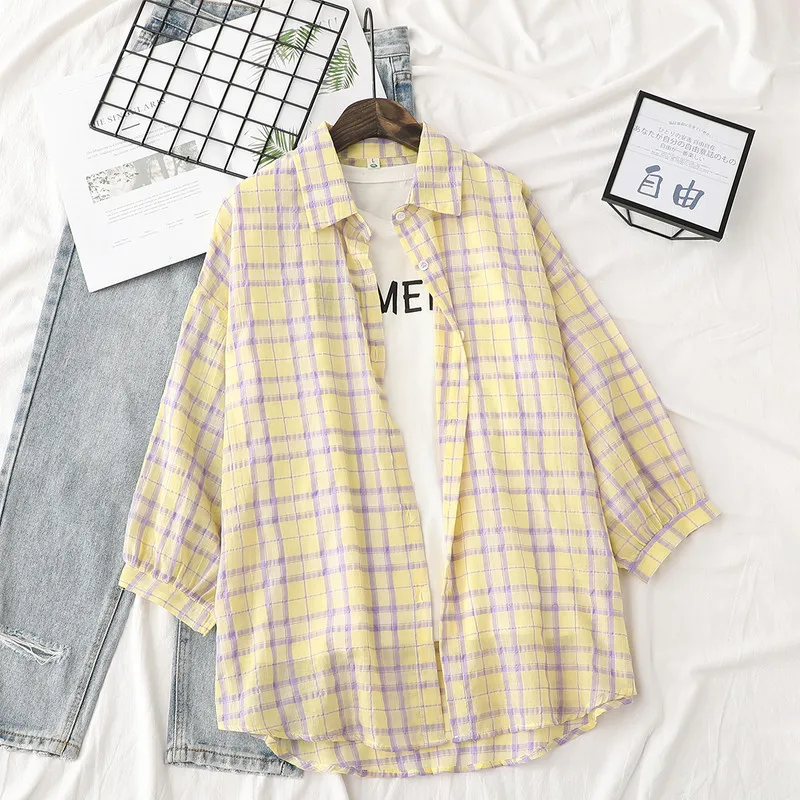 

Korean New Summer Plaid Blouse Shirts Women Chic Nine Quarter Lantern Sleeve Thin Loose Tops Female Casual Sun Protection Shirt