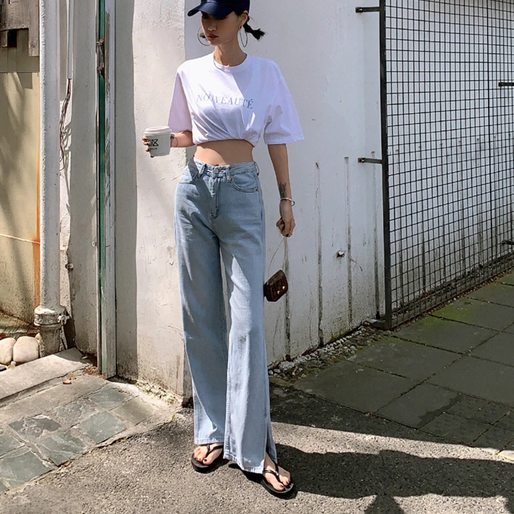 

Y2K 2021 Women Spring Jeans High Waist Casual Trousers Straight Denim Streetwear Wild Split Wide Leg Long Pants