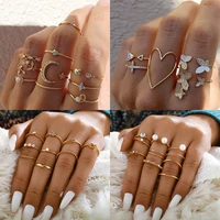 bohemian gold color geometric rings set for women fashion crystal moon heart charm joint ring girls trend party jewelry gift