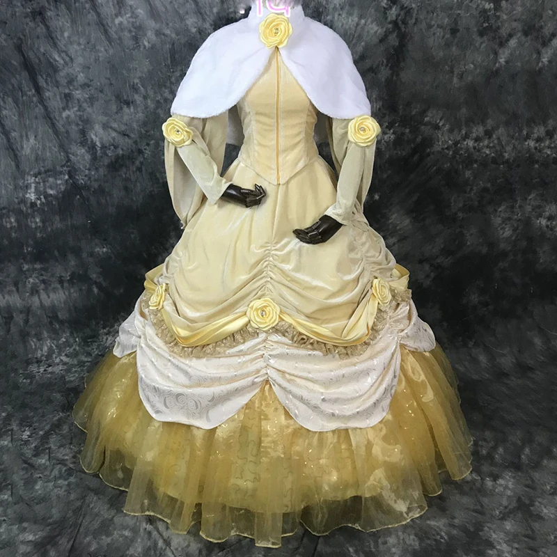 

Платье принцессы Belle, костюм для косплея, костюмы на Хэллоуин, желтое женское платье, бальное платье с подъюбником, шнуровка, длинный рукав