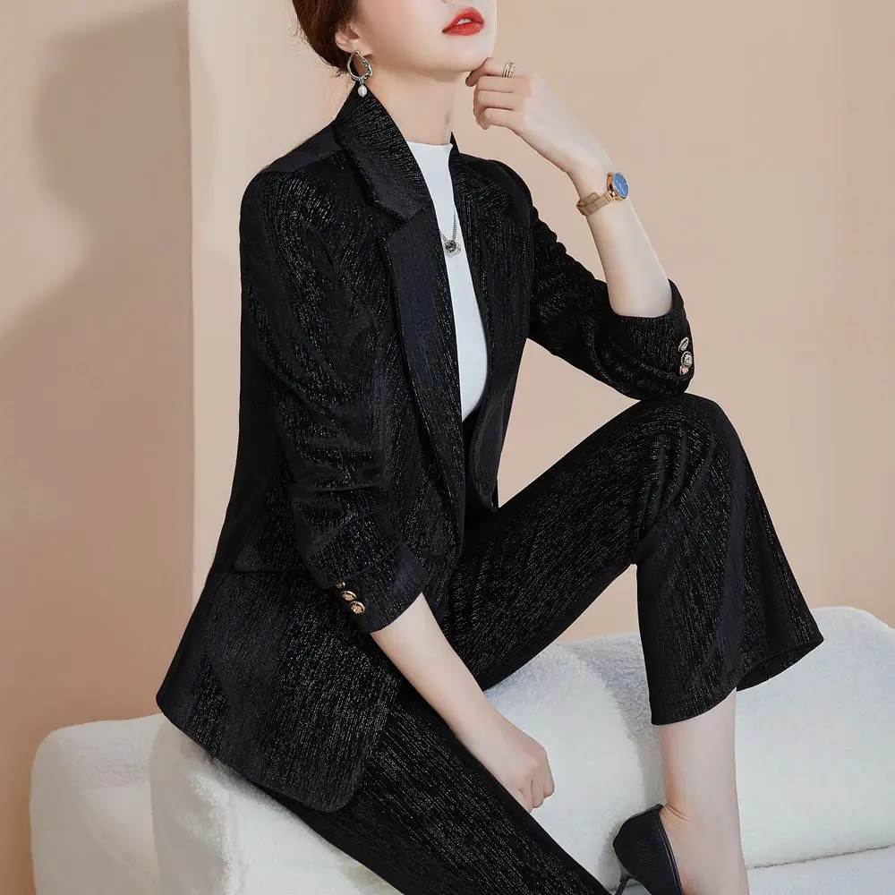 Jacket and Pants Set 2 pieces women's suit coat and trousers women's blue velvet autumn winter office work suit
