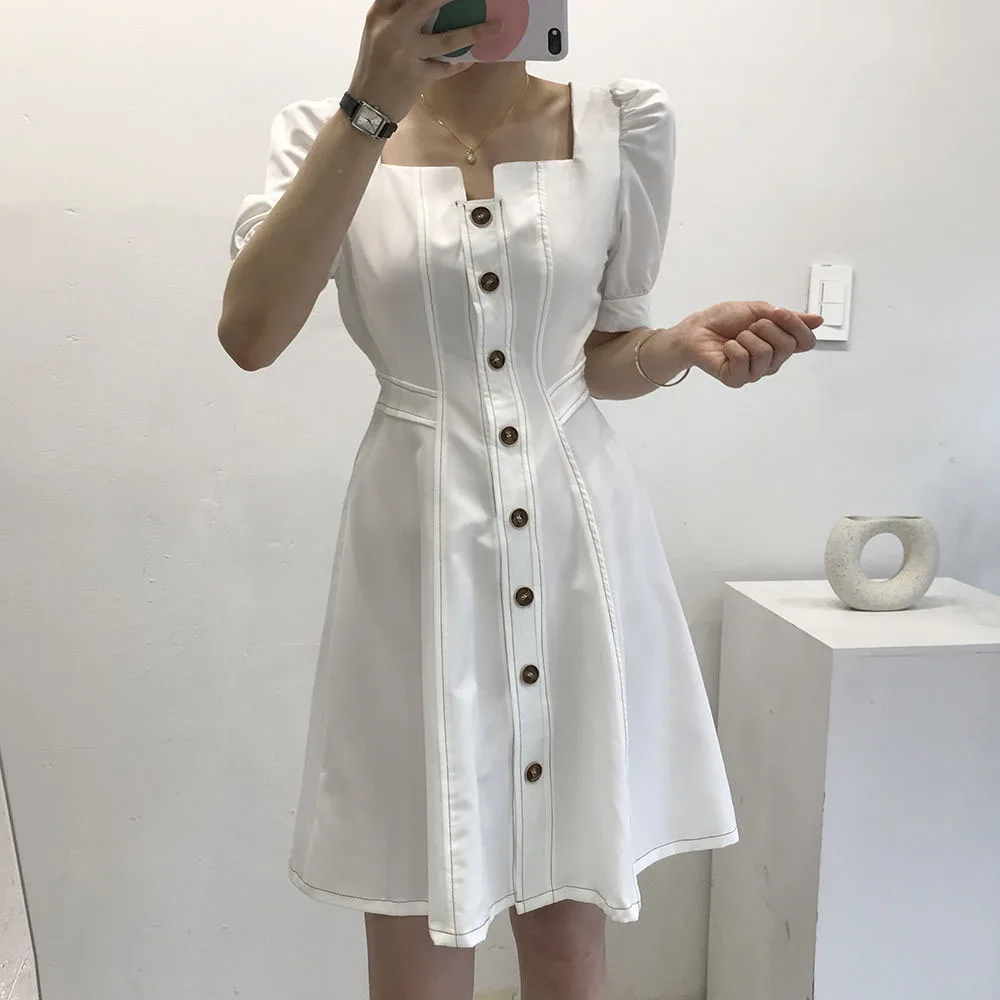 

Japan Style Women's Dress Summer 2021 Korean Fashion Temperament Elegant Casual Buttons High Waist Square Collar Puff Sleeve