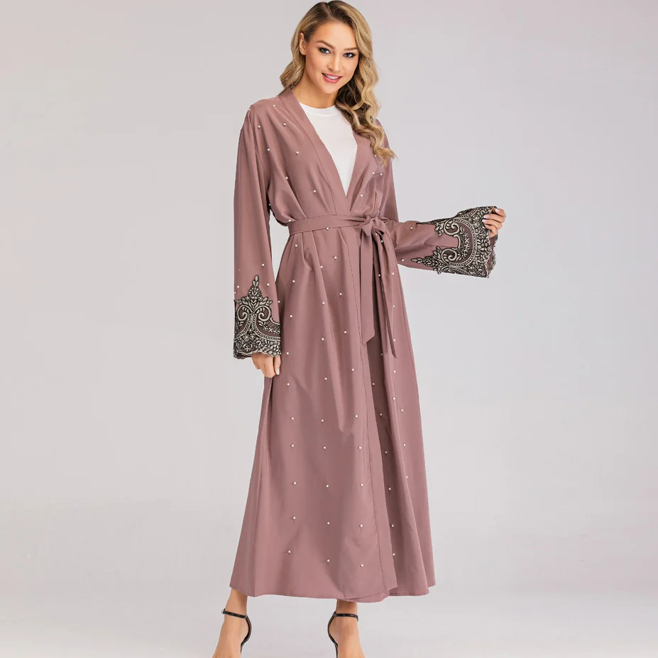 2021 Fashion Temperament Slim Islamic Muslim Long Sleeves Embroidered Beaded Robe Women Arabian Long Cardigan Woman Abaya
