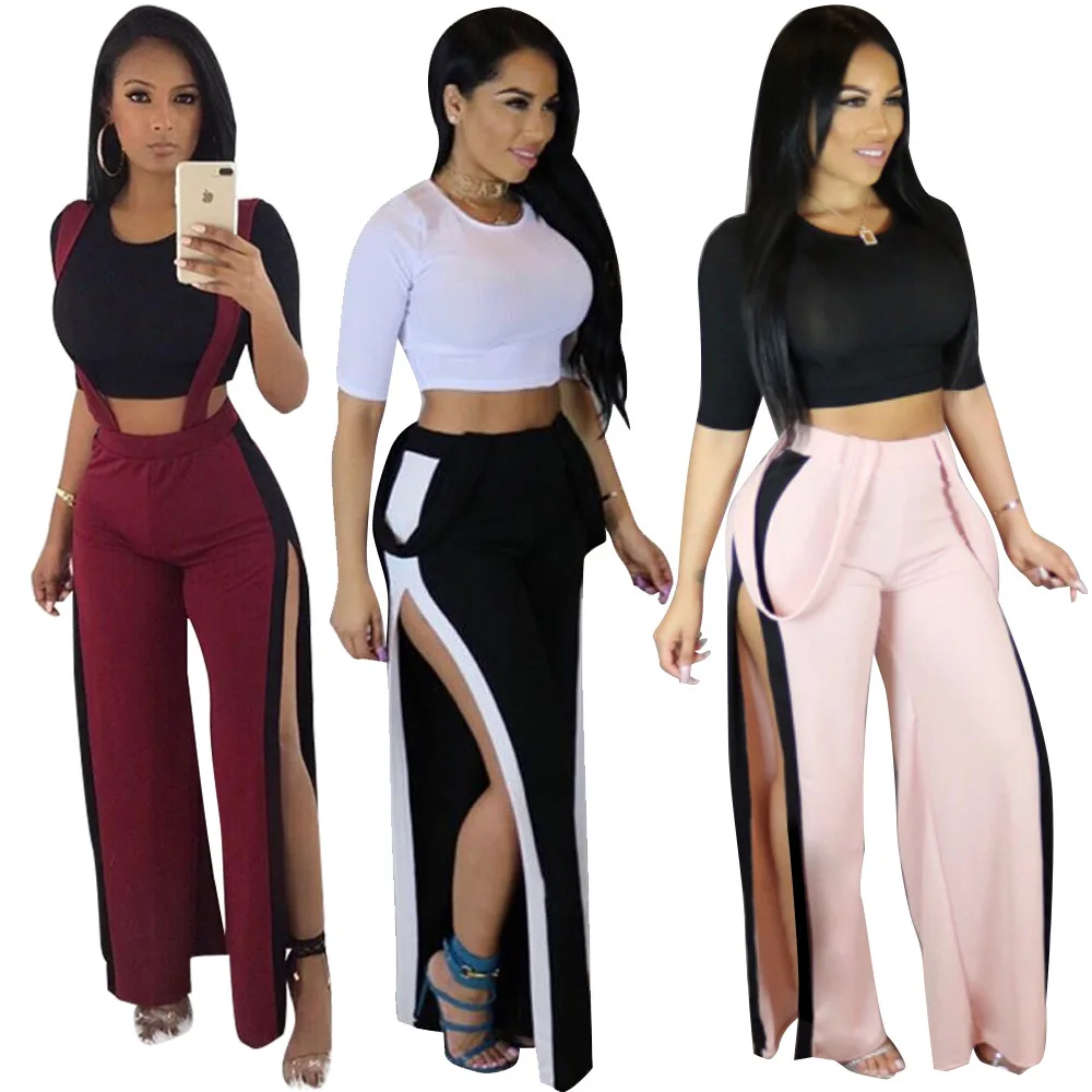 

Hot Sale in Europe and America Fashion Casual High Slit Suspenders Two-Piece Set 3 Colors