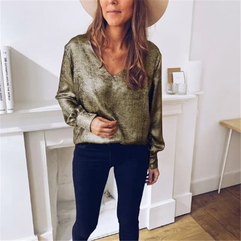 

Fashion Women Sexy V-neck Blouse Office Lady Casual Solid Long Sleeve Shirt Tops Elegant Autumn Pullover Blouse Drop Shipping