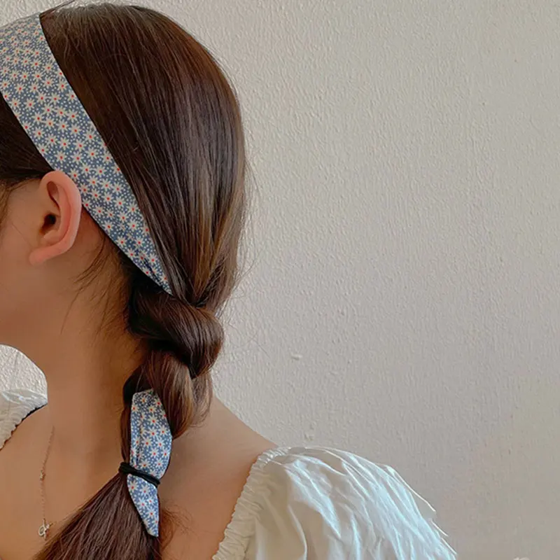 

Free Blue Series Hair Scarf Floral Printing Loving Korea Women Silk Scarf Headband Thin Streamer Vintage Ribbon Fashion Hairband