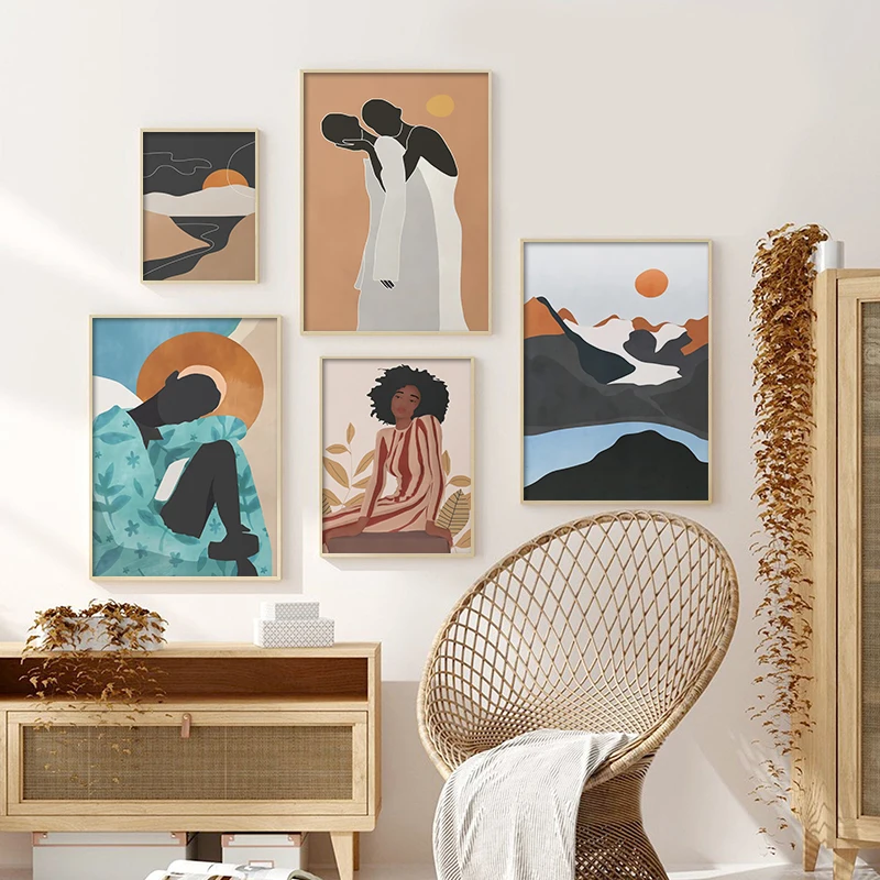 

Vintage Abstract Girl Posters Geometric Landscape Canvas Painting Wall Art Prints Nordic Picture for Home Living Room Home Decor