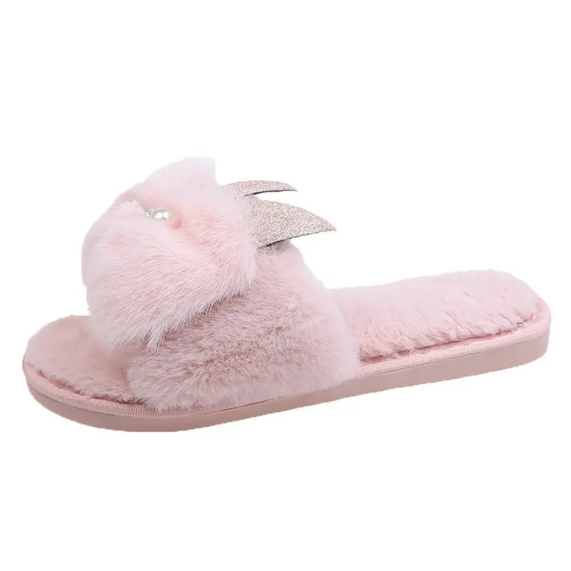 

Winter Fur Rabbit-ear Home Women Slippers Comfortable Plush Warm Flat Ladies Casual Shoes Non-slip Cute Women Furry Slippers