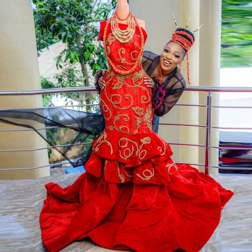 

Red one-shoulder layered ruffle bridal gold applique beading Aso Ebi evening dress customization