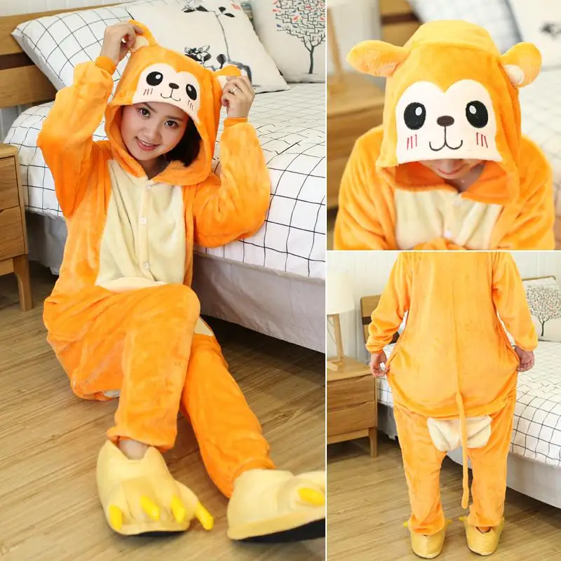 Orange Monkey FL Женский костюм животного кигуруми аниме милый Единорог стежка мультфильм костюмы унисекс комбинезон взрослые комбинезоны Скелет коала один кусок - Цвет: Orange Monkey FL