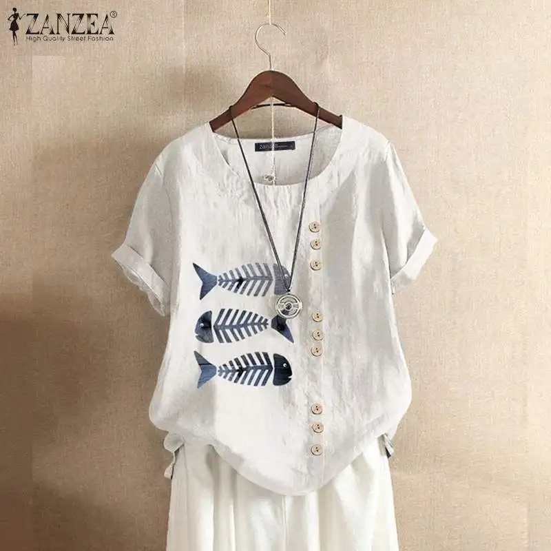 

Fashion Causal Short Sleeve Shirt Holiday O-Neck Cotton Chemise Printed Blouses ZANZEA Buttons Women Summer Tops Oversized