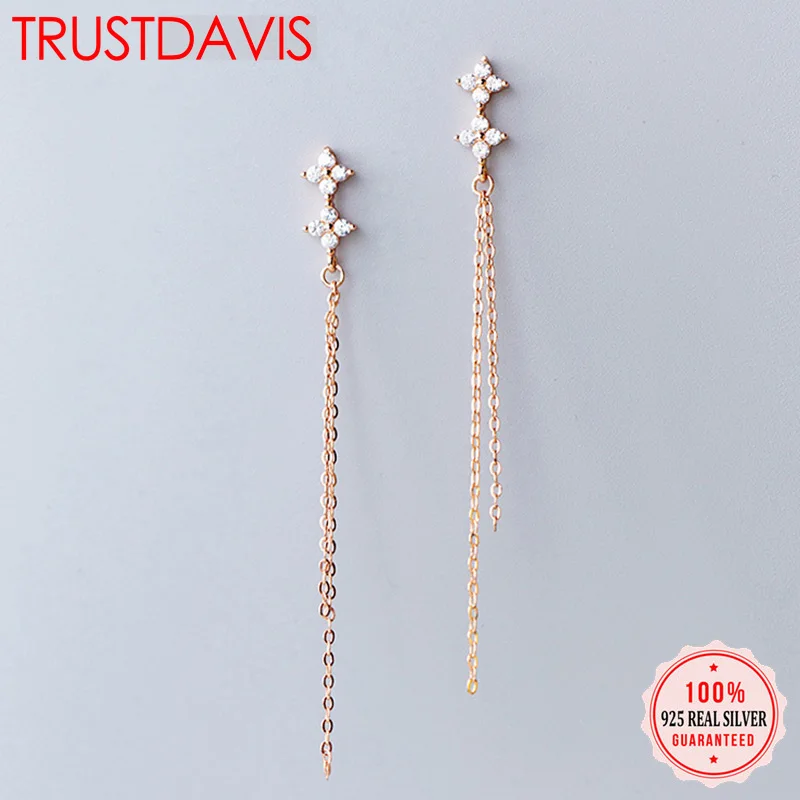 Trusta 925 пробы Серьги серебристого цвета; бижутерия для девочек, не вызывает аллергию, CZ камни, длинные серьги-гвоздики с кисточками, DS1380