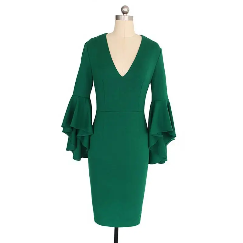 Green MISSJOY, вечерние, сексуальные, элегантные, карандаш, женское платье, для офиса, леди, бодикон, рукав-клеш, глубокий v-образный вырез, высокая талия, vestito donna robe femme - Цвет: Green