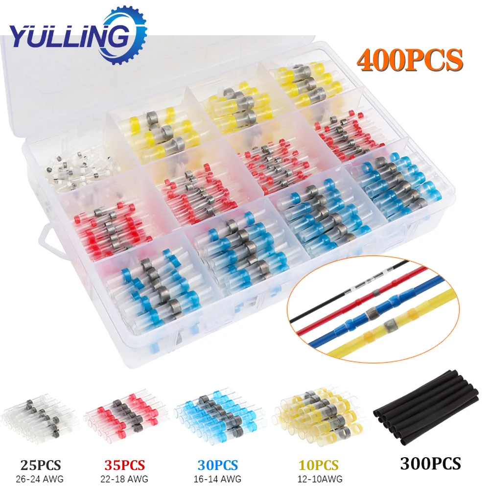 

400PPcs Heat Shrink Butt Crimp Terminals Waterproof Solder Seal Electrical Butt Connectors Wire Cable Splice Terminal Kit