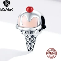 bisaer pink ice cream beads 925 sterling silver red cherries charms summer pendant fit bracelet necklace jewelry ecc1533