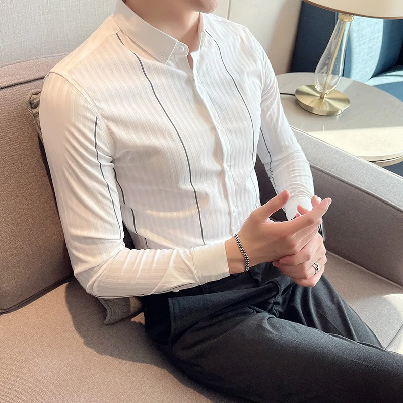 

2021 Four Seasons Men's Striped Long Sleeve Shirt Korean Slim Personalized Light Mature Shirt Casual Top shirts for men
