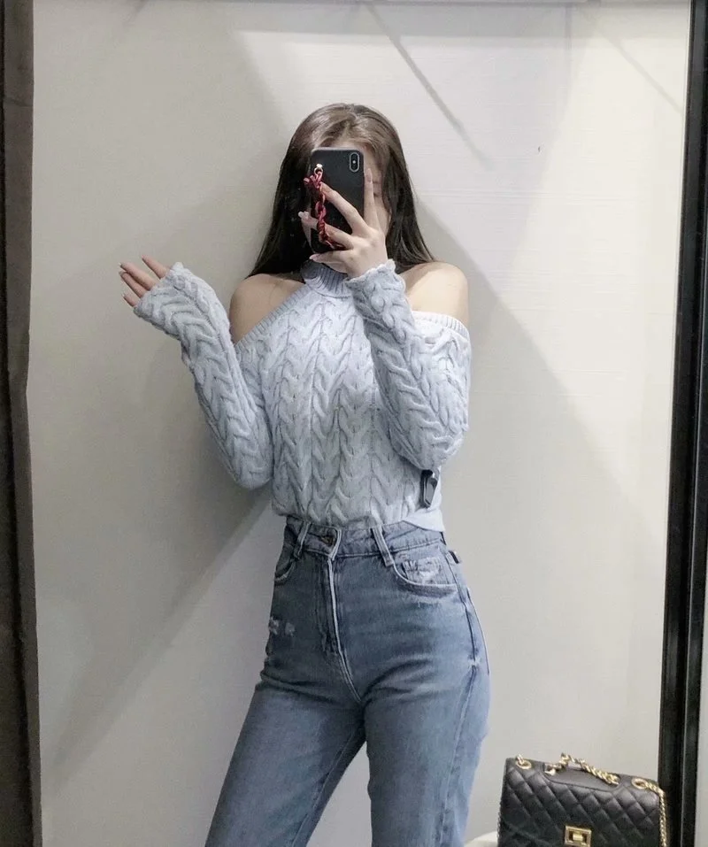 

Sky Blue Short Sweater Fashion Jersey Pull Snake Spring New Style Shoulder Hollow Design Eight-strand Knitted Top Chic Ladies