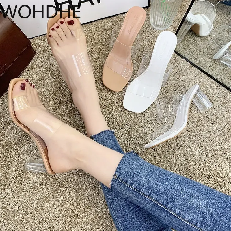 

High Quality PVC Transparent Jelly Shoes Fashion Sexy Peep Toe Womens Slippers Clear 6CM 9cm Square Heels Wedding Sandal