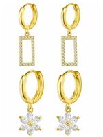 925 silver ear buckle crystal flowers pendants hoop earrings for women geometric rectangle gold color earring fashion jewelry