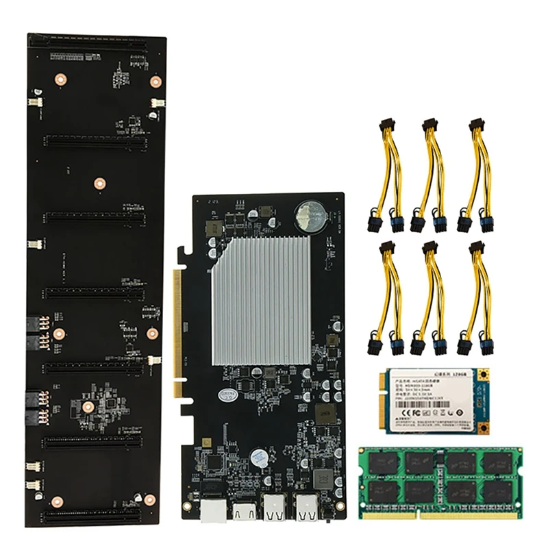 

ETH-HSW2 BTC Mining Motherboard Set with 128G SSD+8G DDR3 RAM+6X8Pin Power Cord 6 Cards PCIE X16 Graphics Card Slot 70mm