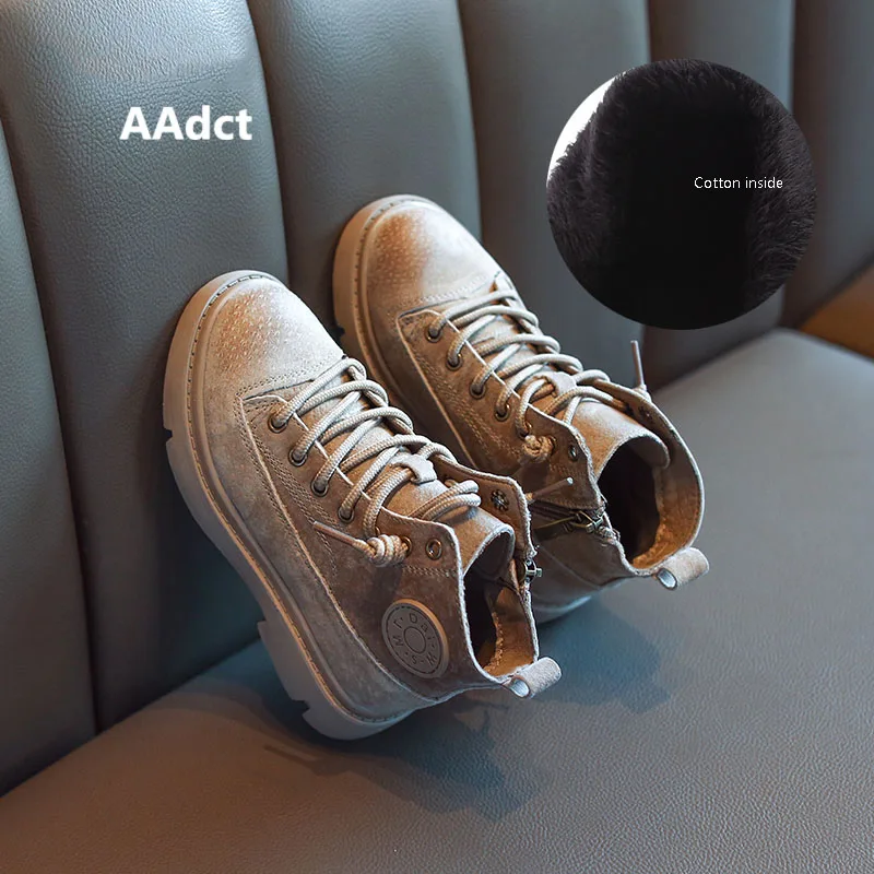 Khaki cotton AAdct/ г.; ботинки для девочек ручной работы; зимняя модная новая обувь для маленьких детей; кожаные детские ботинки Martin для мальчиков; брендовые теплые хлопковые ботинки - Цвет: Khaki cotton