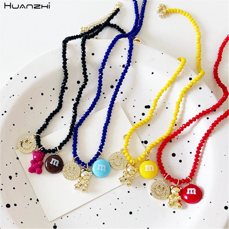 

HUANZHI 2021 Новые красочные полимерные бусины металлический медведь смайлик письмо Очаровательное ожерелье до ключиц для женщин девушек Вечер...
