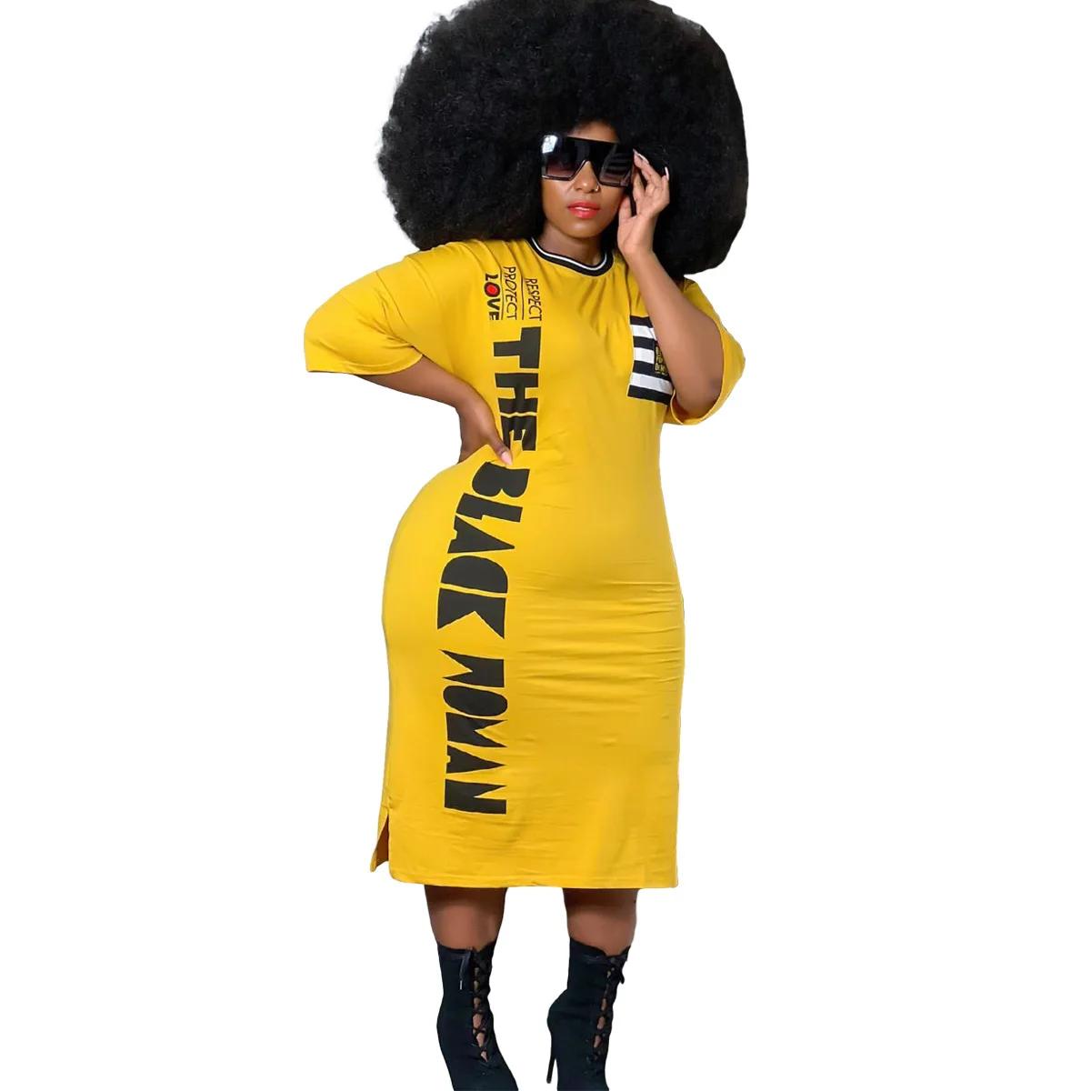 

2021 Summer New Women's Fashion Round Neck Letter Print Split Plus Size Large Dress L Xl Xxl 3xl 4xl 5xl