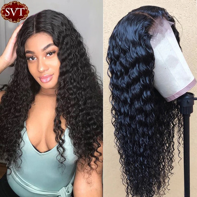 

SVT Brazilian Deep Wave 13X4 Lace Frontal Wig Pre Plucked With Baby Hair Human Hair 4*4 Deep Curly Closure Wig Transparent Lace