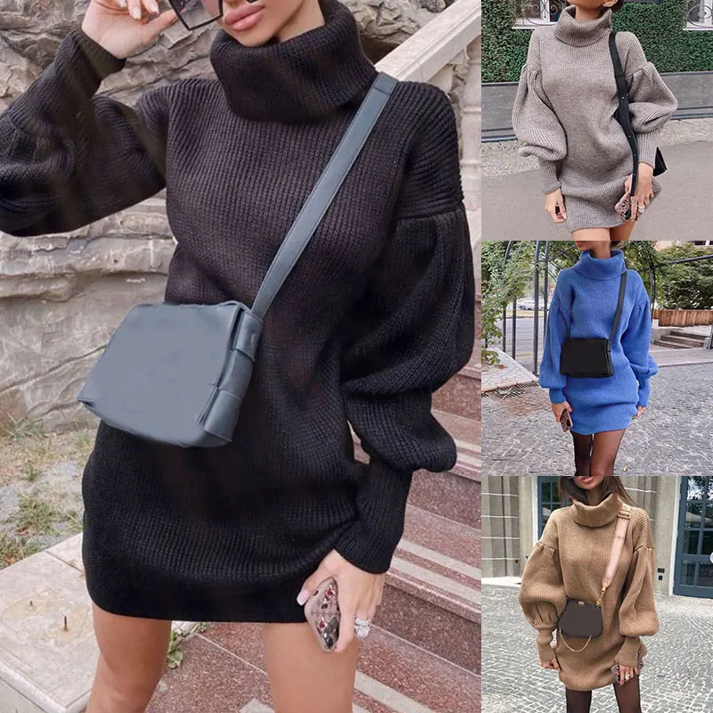

Lantern long Sleeve Sweater Knit Tops warm Pullover Dress elegent Turtleneck Knit Bodycon Women Fashion Jumpers Winter Warm