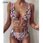 Бикини женское Бандажное со змеиным принтом и высокой талией